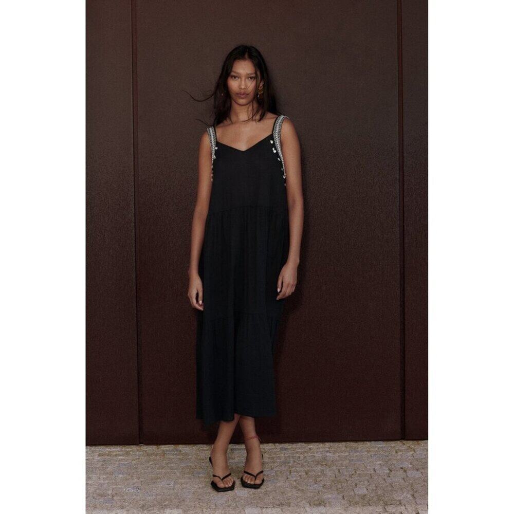 NWT Zara Black Fringed Midi Dress Size Small
